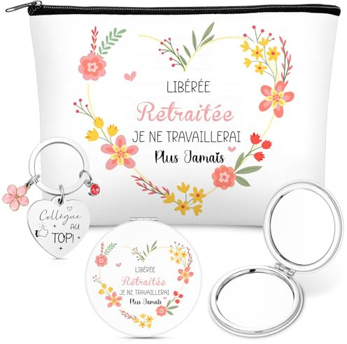 Xuniea 3 Pièces Set Cadeaux Retraite pour Femme Collègue Adieu Employé | 1 Trousse à Cosmétiques de Merci, 1 Miroir de Maquillage avec Loupe, 1 Porte-Clés de Départ, Anniversaire, Infirmière
