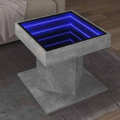 QJBSAVVA LED Coffee Table with Infinity Mirror 50x50x45 cm Concrete Grey Engineered Wood Small Side Table RGB Lights for Living Room Bedroom and Gaming Setups