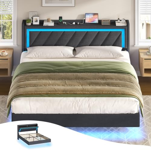 KIMENICH Polsterbett 180x200 cm,Schwebebett mit LED-Beleuchtung und Ladestation,Bett 180x200 mit Stauraum,Doppelbett mit Lattenrost,Bettgestell mit Kopfteil,Grau