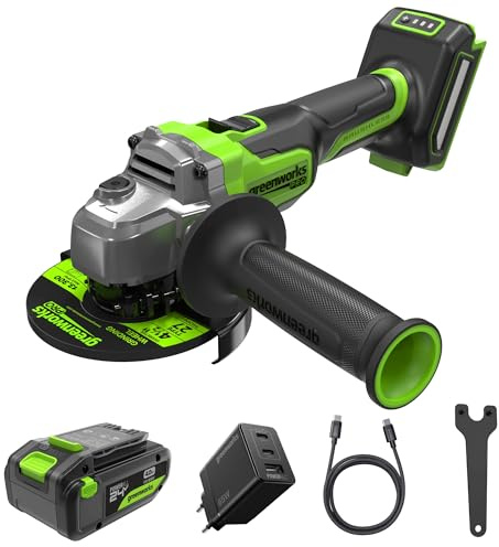 Greenworks 24V Akku-Winkelschleifer, 125 mm Scheibe, 9000 U/min, 900 W bürstenloser Motor, links- und rechtsverwendbar, inkl. 4 Ah USB-Akku & 65 W Ladegerät, AG590