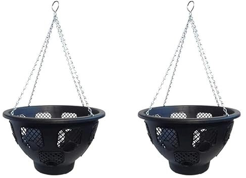 JMS we create smile Pack of 2 - Black 12 Hanging Flower Pots with Metal Chain Hanging Planters Fancy Pot Floral Baskets Nursery Garden Planter Flower Basket Office Garden Home Decor