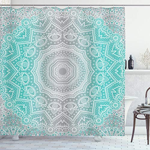 ABAKUHAUS Grau und Türkis Duschvorhang, Ombre Ethnic, Stoffliches Gewebe Badezimmerdekorationsset mit Haken, 175 x 180 cm, Türkis Grau
