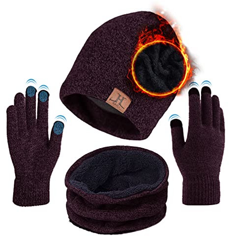 TMEOG Mütze Herren Damen Wintermütze Schal Handschuh Set, Beanie Strickmütze Haube Winter Loop Mit Fleecefutter Touchscreen Handschuhe Warme Sets für Herren Damen (Wein Rot)
