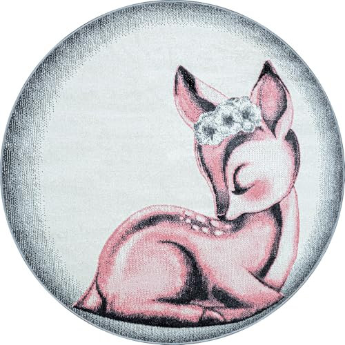 Carpetsale24 Kinderteppich Modern Rehkitz Design Pink und Grau 120 cm Rund - Kurzflor Teppich Kinderzimmer Waschbarer Spielteppich Babyteppich für Junge und Mädchen Extra Weich und Antiallergen Runder