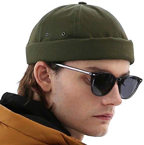 UNDERCONTROL Cappello da Pescatore Vintage Senza Visiera da Marinaio con Polsini arrotolati, Senza Visiera, con Teschio Miki, Cinturino in Pelle, per Uomo e Donna - Made in Korea - (Oliva)