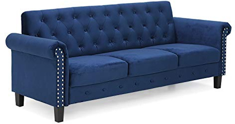 Furinno Bastia Vintage Modern Chesterfield Button Tufted 3-Seater Sofa Couch for Living Room, Navy Velvet