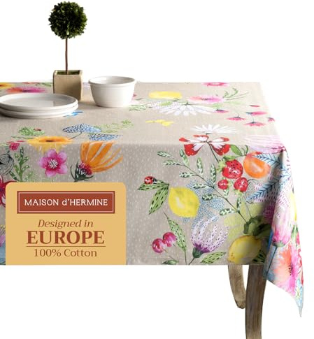 Maison d'Hermine Tischdecke, rechteckig, 100% Baumwolle, 220 cm x 160 cm. Wiederverwendbar, für den täglichen Gebrauch, für Partys, Festliche Anlässe und Frühjahr Sommer (Jardin D'Ete - Fog)