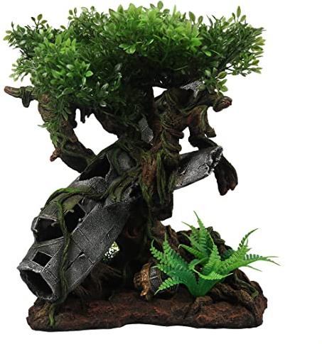 Terra Della, Flugzeugwrack, Baum, 26 x 24 x 27,5 cm, ungiftig und pH-neutral, mit synthetischen Pflanzen, realistisch, extrem detailliert, geeignet für Terrarien