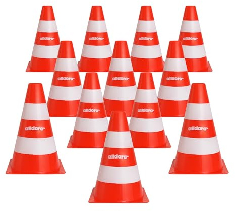 alldoro 60093 Pylonen 12er-Set für Kinder, Verkehrshütchen orange-weiß, 18 cm hoch, stapelbare Leitkegel für Slalom, Sport & Freizeit