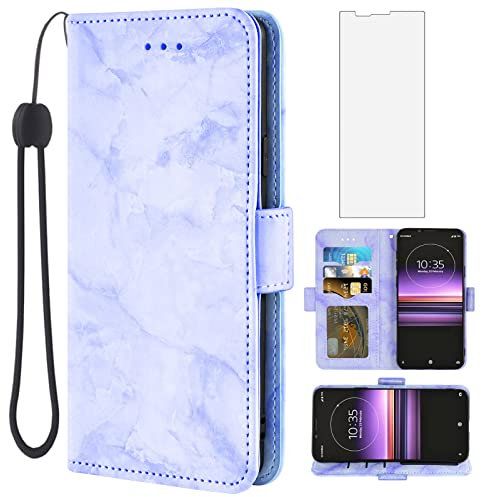 Asuwish Phone Case for Sony Xperia 1 with Tempered Glass Screen Protector and Marble Wallet Cover Flip Card Holder Slot Stand Leather Kickstand Cell Accessories Experia One 2019 Women Men Purple