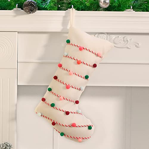 Hopearl Pompom-Weihnachtsstrumpf-Set, Boho-Stil, Socken, ultraweich, Halter, Ornament, luxuriöse Geschenktüten für Familie, Weihnachtsbaum, Partyzubehör, Creme, 18''
