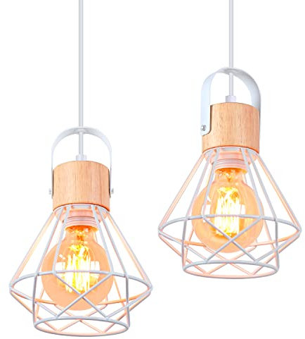 iDEGU 2 Stücke Pendelleuchten 16cm Industrielle Hängelampe aus Holz und Metall Vintage Lampe mit Geometrischem Käfig Weiß E27 Retro Hängeleuchte für Esszimmer Wohnzimmer Küche (1-flammig Pendellampe)