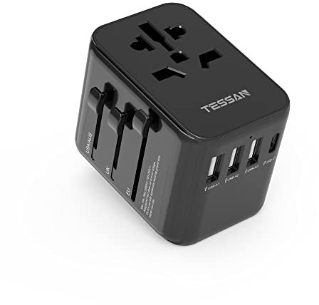 TESSAN Adaptateur Voyage, Adaptateur Prise Universelle avec 3 USB et 1 USB C, 2500W Prise Universel France vers USA UK Canada Thailande Australie Japon, Noir