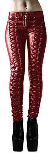 Minetom Damen Gotisch Kunstleder Leggings High Waist Skinny Hose Strumpfhosen Treggings Kreuzgurt Leggings PU Leder Look