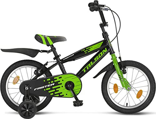 Talson 16 Zoll Kinderfahrrad inkl. Kettenschutz, Stützräder und Zubehör Jungen Fahrrad (Schwarz-Grün)