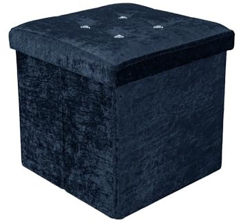 New Foldable Storage Boxes Seat Foot Stool Crushed Velvet and Corduroy Material Ottoman Storage Box with Lids for Kids Toys Bedroom Hallway Living Room (Crushed Velvet Navy, 38 x 38 x 38 cm)