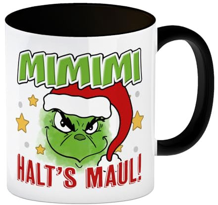 Mimimi Weihnachtsmuffel Kaffeebecher in schwarz mit Spruch Halt's Maul eine bunte Tasse für Miesepeter Wichteln Muffel Weihnachten Kaffeetasse Kaffee Becher frech Esszimmer Tee