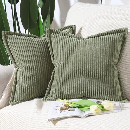 Madizz 2er Set Kordsamt Kissenbezug Gestreifte Kissenbezüge Breitseite Dekorative Strukturierte Wurfkissen für Sofa Schlafzimmer Kissenhülle Olivgrün 50x50 cm
