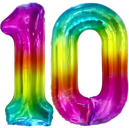 FUNFEST 100 cm Regenbogen-Luftballons zum 10. Geburtstag – Geburtstagsballon-Dekoration – inklusive XL-Ballon zum 10. Geburtstag und Strohhalm – Heliumfliegen