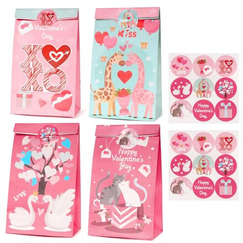 12 Stück Valentinstag Papiertüten Süßigkeiten Tüten Geschenktüten Papiertüten mit 18pcs Aufkleber für Valentinstag Hochzeit Geburtstag Party