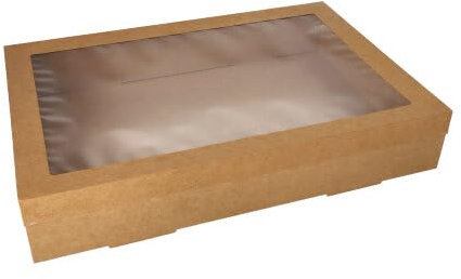 50 Transport- und Catering-Kartons, Pappe eckig 8 cm x 31 cm x 45 cm braun mit separatem Deckel und Sichtfenster aus PET