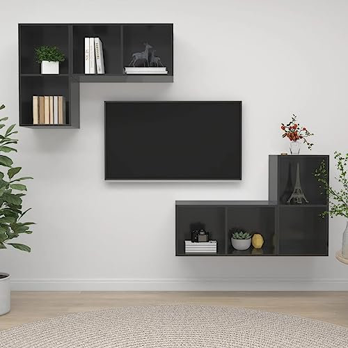 BUKSCYJS Wohnwand Modern,Wohnzimmer Lowboard Tv-WandschräNke 4 STK. Hochglanz-Grau Holzwerkstoffgeeignet FüR EmpfangsräUme, Wohnzimmer, Schlafzimmer, BäDer, Arbeitszimmer