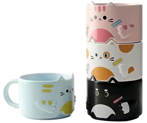 Mualuwi Set di 4 tazze impilabili a forma di gatto, adorabili tazze da caffè in ceramica per gli amanti dei gatti, divertenti disegni di gatti dei cartoni animati, regalo perfetto per feste, Natale e