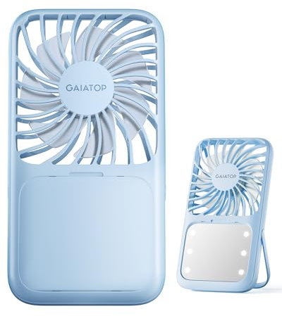Gaiatop - Portable Handheld Fan, Foldable Computer Stand, 3 Speed LED Makeup Mirror with Light, Rechargeable Mini Personal Fans, Small Essential Gifts of