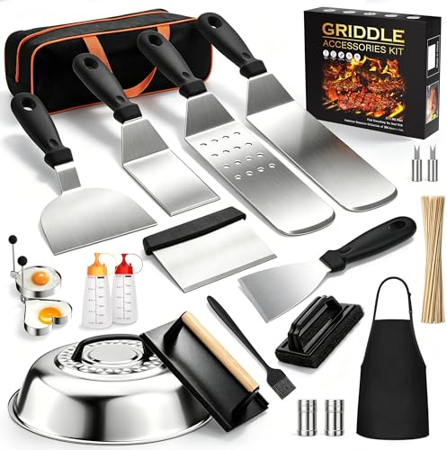 Kit d'accessoires de cuisson 120 pièces amélioré 2024 – Parfait pour la plaque de cuisson Blackstone, le barbecue plat, le dôme de fusion rond professionnel avec presse à hamburger en fonte, grattoir