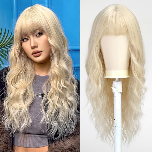 UEVIES Platin Blonde Perücken mit Pony Perücke für Frauen Lange Lockig Gewellt Synthetische Resistent Perücken für den Täglichen Gebrauch Party-26 Zoll(Platin Blonde)