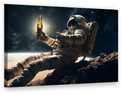 Visario Leinwandbild 80x60 cm 4062 - Astronaut mit Flasche entspannt im Weltall - Wandbild fertig aufgespannt auf Holzrahmen
