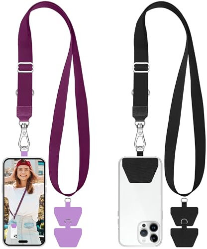 takyu 2 PCS Adjustable Phone Lanyard Neck Strap, Universal Mobile Phone Lanyard with 4 Adhesive Tethers for Smartphone Safety, Compatible for Iphone, Samsung, Huawei and Most Smartphone Black & Purple