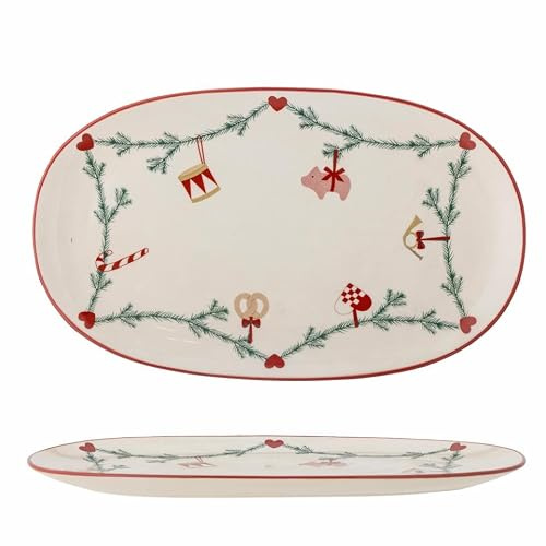 Bloomingville Yule Servierplatte Oval mit Tannengirlande in der Farbe Natur aus Steingut, 38,5x23 cm, 82062321