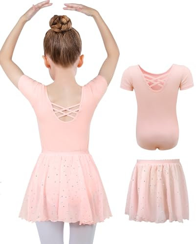 MYSSUCI Ballettkleidung Mädchen Ballettkleid Kinder Kurzarm Baumwolle Ballettanzug Tanzbody Tanzkleid mit Chiffon Rock Tütü 3-11Jahre (Rosa, 140)