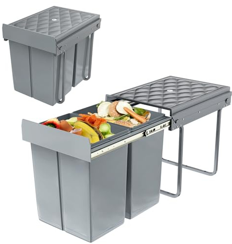 UISEBRT Poubelle de cuisine Meuble de cuisine encastrable Poubelle extensible Système de tri des déchets avec glissière Plastique Gris【2x20L】
