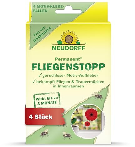 Neudorff Permanent FliegenStopp – Bekämpft zuverlässig Fliegen, Trauermücken und Co. mit geruchlosem Motiv-Aufkleber und Langzeitwirkung, 4 Stück
