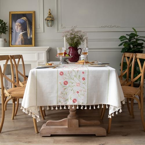 Pahajim Tischdecke Rechteckig Baumwolle Leinen Tischtuch Abwaschbar Wasserdicht Quasten Design für Küche, Esszimmer, Outdoor, Garten Tischdekorationen(Weiß,140x220cm)