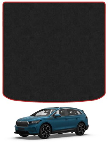 Carpet Boot Liner Compatible With Skoda Enyaq (2021+) Red Trim Carpet Tailored Fit 550Gsm Protector Boot Mat Anti-Slip Durable Water-Resistant Easy Clean Custom Fit Dog Friendly