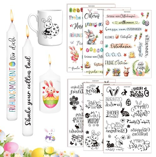 6 Stück Kerzentattoo Ostern,Osterhase Kerzensticker, Wasserschiebefolie Kerzen, Kerzen Folie Ostern, Lustige Osterhasen Hase Dekoration, DIY Kerzensticker für Kerzen und Keramik