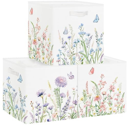 HUUMONSS 30cm Aufbewahrungsbox 3 Stück Garten Wilde Blumen Aufbewahrungskorb Kinder Falt Frühling Schmetterling mit Griffen Aufbewahrungswürfel Organizer für Spielzeug Bücher Kleidung