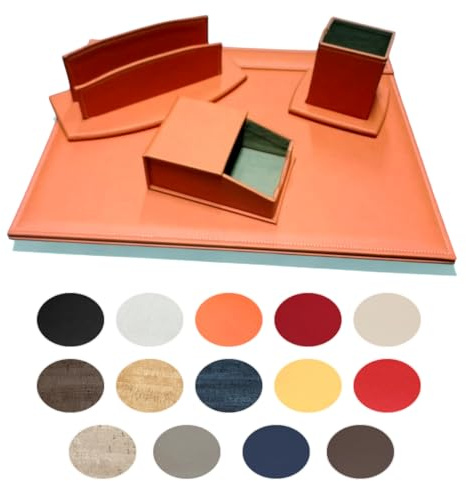 OGGETTANDO Schreibtisch-Set aus Kunstleder mit Zubehör, bestehend aus aufklappbarem Schreibtisch, Briefablage, Stifthalter, Namensschildhalter (Orange)