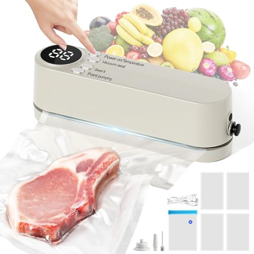 comeder Mini Bag Sealer with 3 External Connectors, 7 in 1 Handheld Heat Sealer, Portable Vacuum Sealer Machine with 5 Pcs Vacuum Sealer Bags for Snack Preservation and Food Storage (Beige)