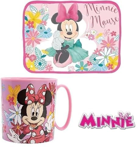Set Colazione Merenda 2 Pezzi con Tovaglietta Ripiegabile Morbida Sottopiatto Pieghevole e Tazza Bicchiere 350ml per Microonde per MINNIE MOUSE