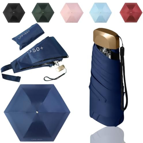 Tirimbeles® Paraguas Plegable Mini | Mini Paraguas Plegable de Viaje Compacto y Ligero | Sombrilla Plegable Protección UV 50+ | Funda de Tela | Ideal para Lluvia y Sol en Viajes o Vacaciones (Azul)