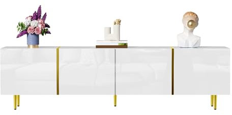 VSOGA Mueble de TV de alto brillo, 4 puertas, diseño moderno y sencillo, color blanco, elegante mueble de salón