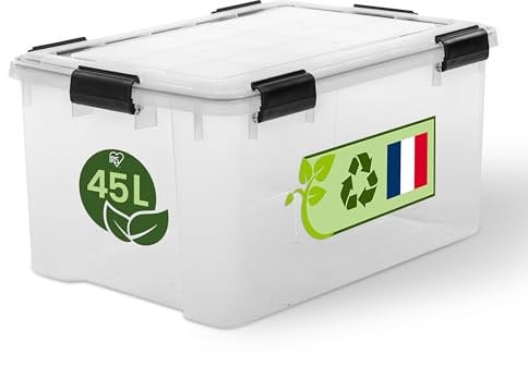 Iris Ohyama Cajas herméticas de plástico con tapa, 45L, Transparente, Cierre hermético, Robustos cierres a presión, Apilable, Protección contra el polvo, Sin BPA, WSB-45