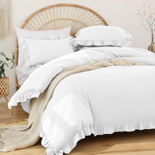 Covebett Rüschen Bettwäsche 200x220 Weiß Uni Romantische Rüschenbettwäsche Set Bettbezug Weiss Einfarbig Renforce Mikrofaser Doppelbett Deckenbezug mit 2 Kissenbezug 80x80 cm Reißverschluss