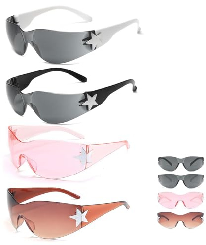 ZPSCXQ 4PCS Sunglasses Y2k, Rimless Wrap Around Sunglasses For Women Men, Retro Trendy Womens Oversized Shades Cool Star Fashion Sun Glasses Uv380