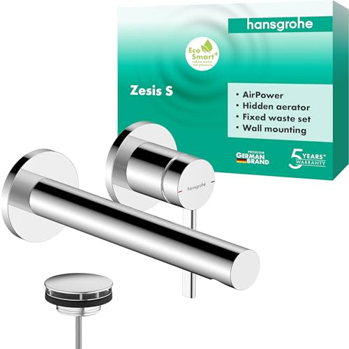 hansgrohe Zesis S - Bathroom tap conceiled for wall mounting with Waste Set, Bathroom Sink tap with spout Length 19,4 cm, Basin Mixer tap Water-Saving (EcoSmart+), Chrome, 74750000