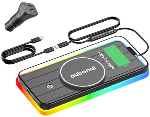 Magnetic Wireless Car Charger Pad, Aubenai 15W RGB Fast Wireless Charging Pad Non Slip Charging Mat with 70cm Extension Cable Compatible with Magsafe Charger iPhone 16 15 14 13 12 (Extension USB-C)